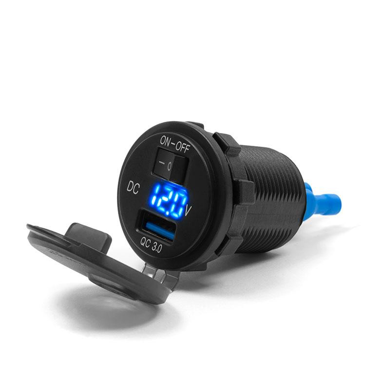 BIKETEC USB-роз'єм для швидкої зарядки мотоцикла з вольтметром та перемикачем. Кріплення на плоскій поверхні (обтічник, верхній кофр) або на кермі - потрібен адаптер BTMUS28