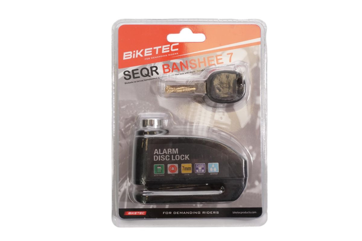 BIKETEC ЗАМОК ГАЛЬМІВНОГО ДИСКА SEQR З СИГНАЛІЗАТОРОМ 100DB, ШТИФТ/ШПИЛЬКА 6 ММ, РОЗМІР: 94 ММ X 58 ММ, 3 КЛЮЧІ