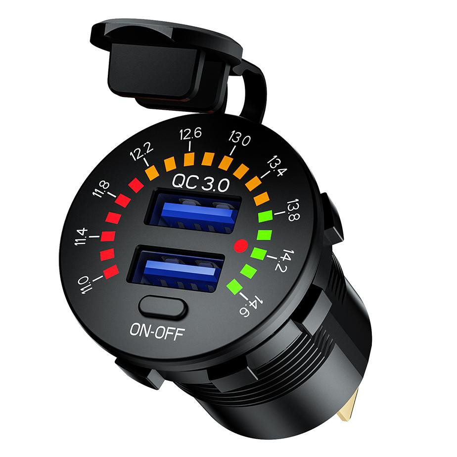 BIKETEC ПОДВІЙНИЙ USB-РОЗ'ЄМ ДЛЯ МОТОЦИКЛА QC 3.0 - 36 ВТ ШВИДКА ЗАРЯДКА З ВОЛЬТМЕТРОМ, КРІПЛЕННЯ НА РІВНІЙ ПОВЕРХНІ (ОБТІКАЧ, ВЕРХНІЙ КЕЙС) АБО НА КЕРМО - ПОТРІБЕН АДАПТЕР BTMUS28