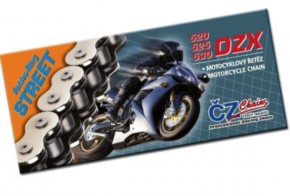 CZ ПРИВОДНИЙ ЛАНЦЮГ 525 DZX (118 ЛАНОК) АКТИВНЕ КІЛЬЦЕ (X-RING) хром ДО 1000 CCM (40.0 KN) + ПОРОЖНИНЕ КІЛЬЦЕ